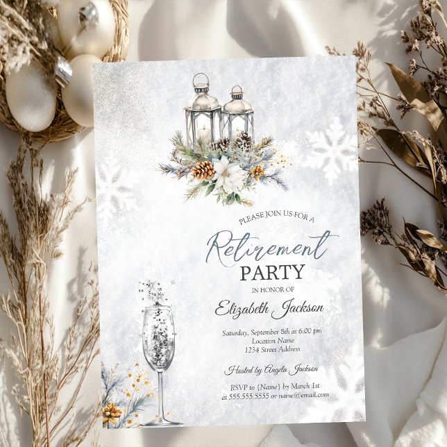  Winter Flowers Lantern Champagne Retirement  Invitation (Creator Uploaded)