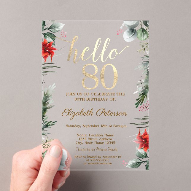 Winter Flowers Poinsettia 80th Birthday Acrylic Invitations (Insitu (Handheld))