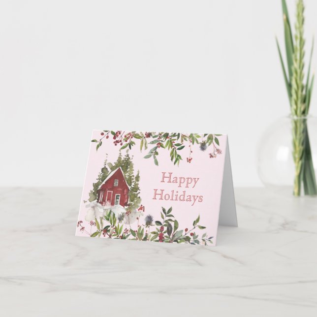 Winter Foliage and Berries Pink Christmas Card (Front)