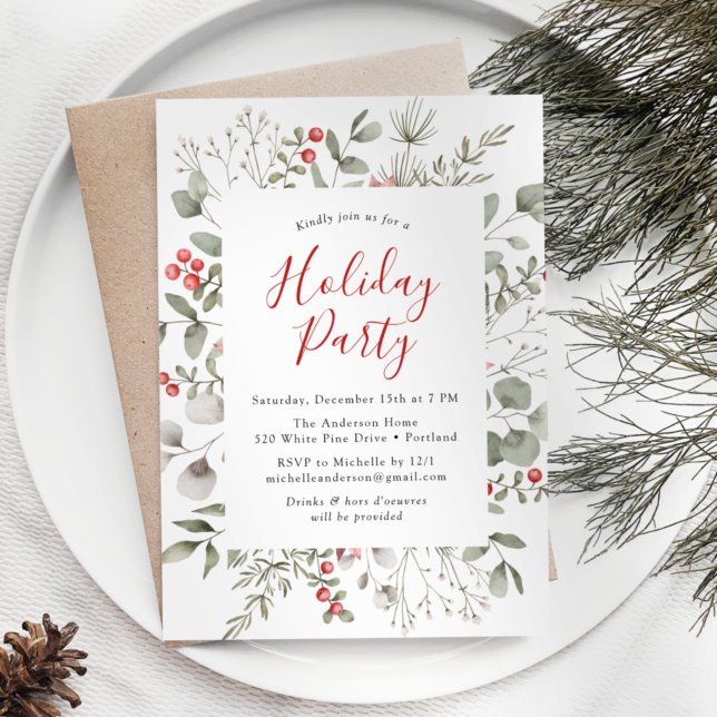 Winter Foliage and Holly Berries Holiday Party Invitation (Creator Uploaded)