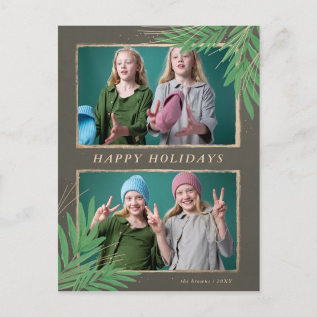 Winter Foliage Botanical Gold Multiple Photo Holiday Postcard (Front)