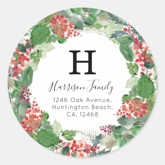Winter Foliage Christmas Return Address Monogram Classic Round Sticker (Front)