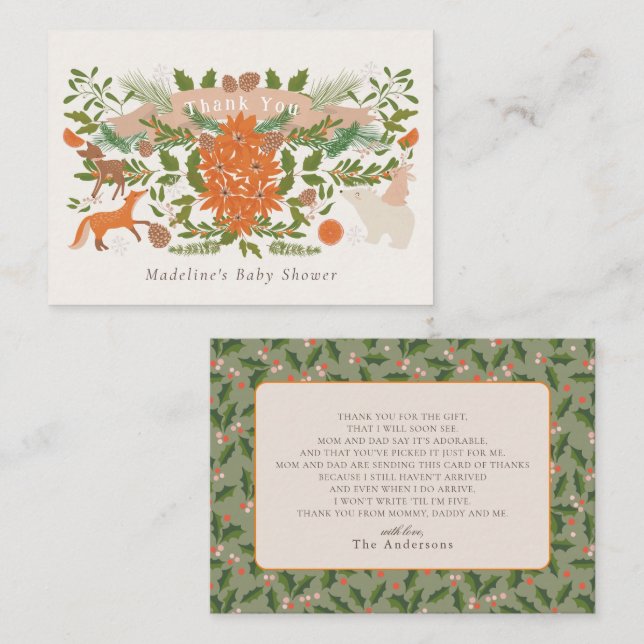 Winter Foliage Cream Baby Shower Thank You Card (Front/Back)