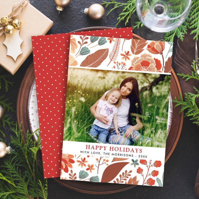 Winter Foliage Floral Happy Holidays Family Photo Holiday Card (Creator Uploaded)