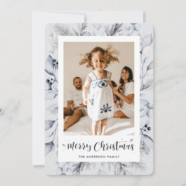Winter Foliage Frame Photo Merry Christmas Card (Front)