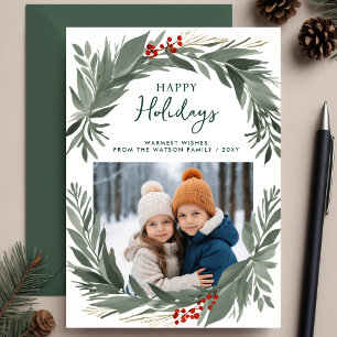 Winter Foliage Greenery Happy Holidays Photo Holiday Card