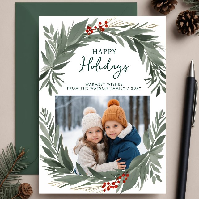 Winter Foliage Greenery Happy Holidays Photo Holiday Card (Winter Foliage Greenery Happy Holidays Photo Holiday Card)