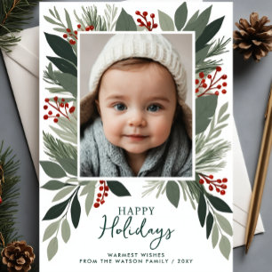 Winter Foliage Greenery Happy Holidays Photo Holiday Card