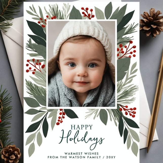 Winter Foliage Greenery Happy Holidays Photo Holiday Postcard (Winter Foliage Greenery Happy Holidays Photo Holiday Card)