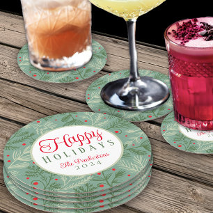 Winter Foliage Holiday Round Paper Coaster
