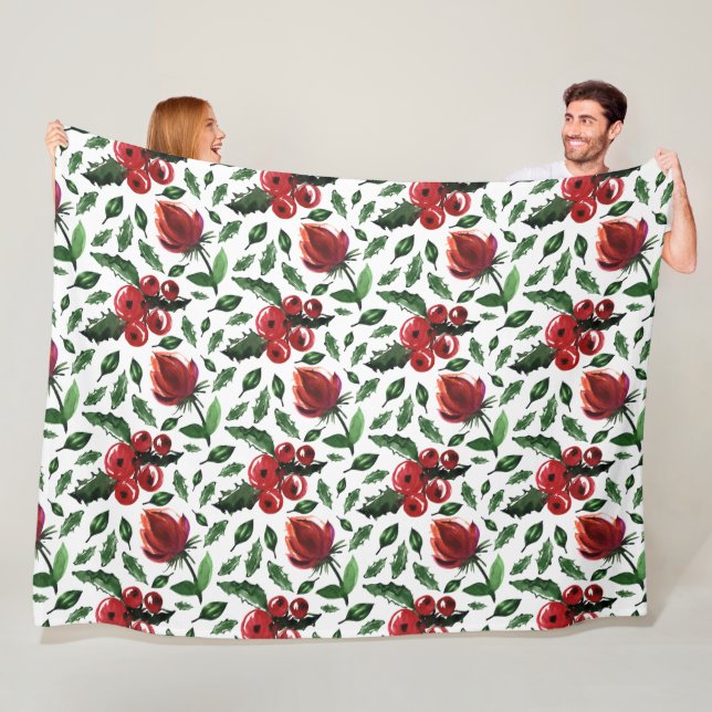 Winter Foliage Holly Berries Botanical Fleece Blanket (In Situ)