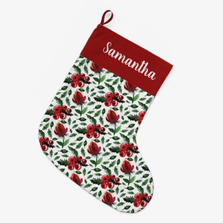 Winter Foliage Holly Berries Botanical Large Christmas Stocking