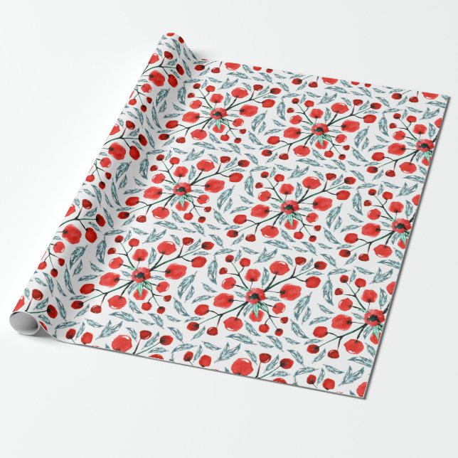 Winter Foliage Holly Berries Botanical Wrapping Paper (Unrolled)