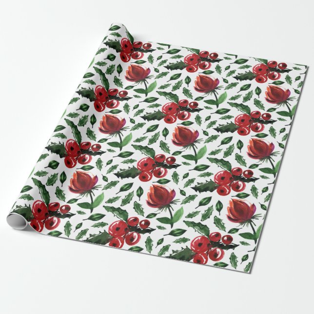 Winter Foliage Holly Berries Botanical Wrapping Paper (Unrolled)