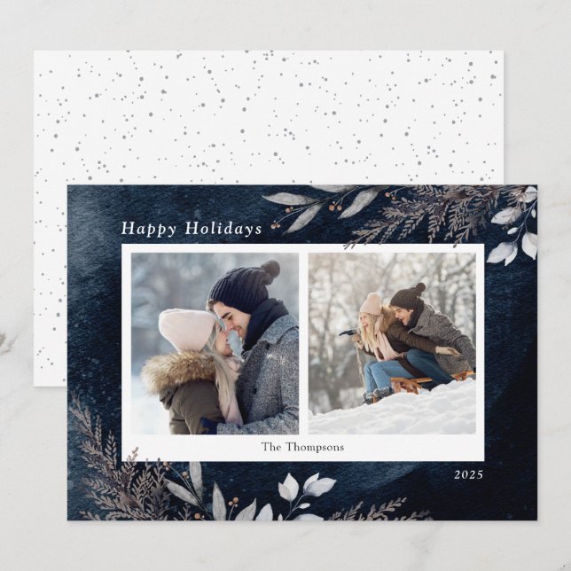 Winter Foliage Navy Blue Watercolor 2 Photos Holiday Card (Front/Back)