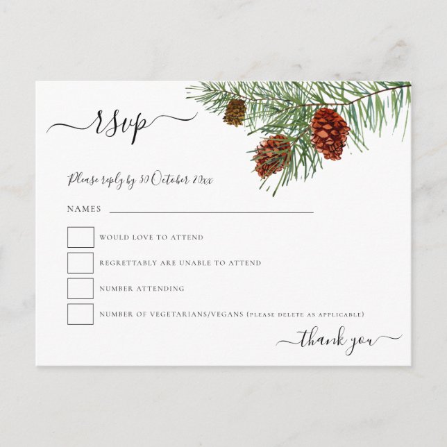 Winter Foliage Pine Cones Christmas Wedding RSVP Postcard (Front)
