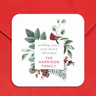 Winter Foliage Red Cardinal Custom Merry Christmas Square Sticker