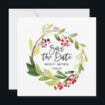Winter foliage save the date card<br><div class="desc">Winter watercolor red and green foliage save the date card. With beautiful modern script text and on trend watercolours. Part of a collection.</div>
