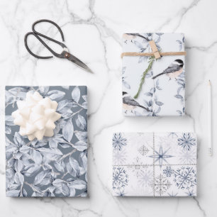 Winter foliage snowflake bird grey blue pattern wrapping paper sheet