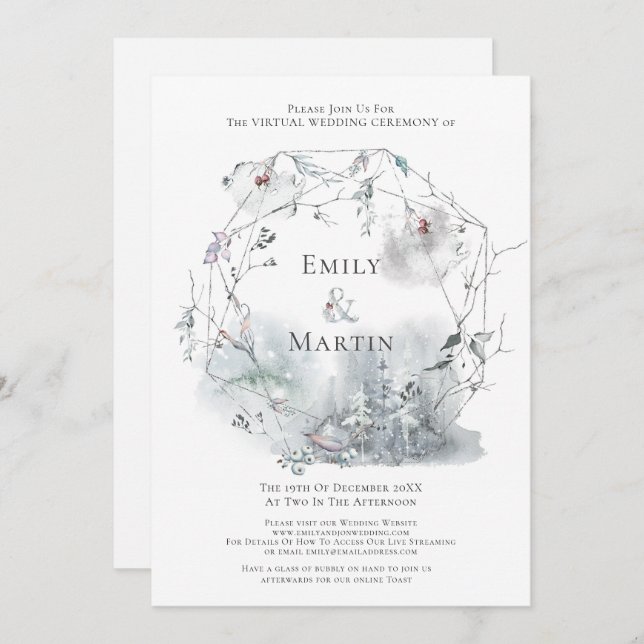 Winter Foliage Watercolor Berries Virtual Wedding Invitation (Front/Back)