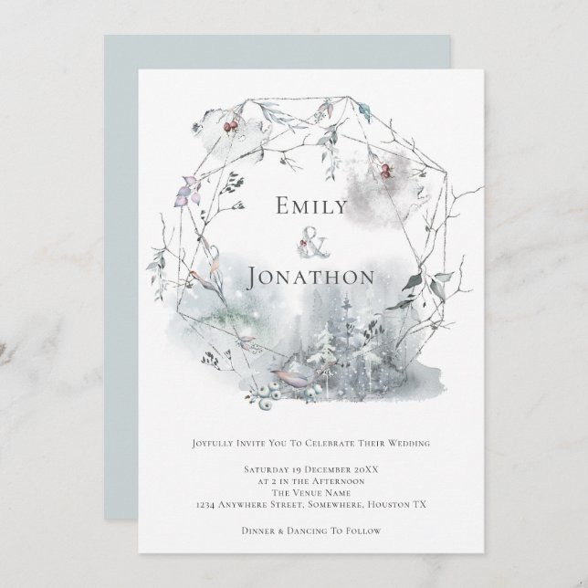 Winter Foliage Watercolor Berries Wedding Invitation (Front/Back)