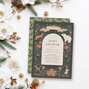 Winter Foliage Woodland Animals Navy Baby Shower Invitation