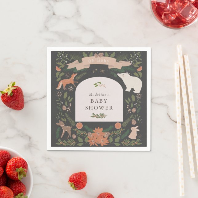 Winter Foliage Woodland Animals Navy Baby Shower Napkin (Insitu)