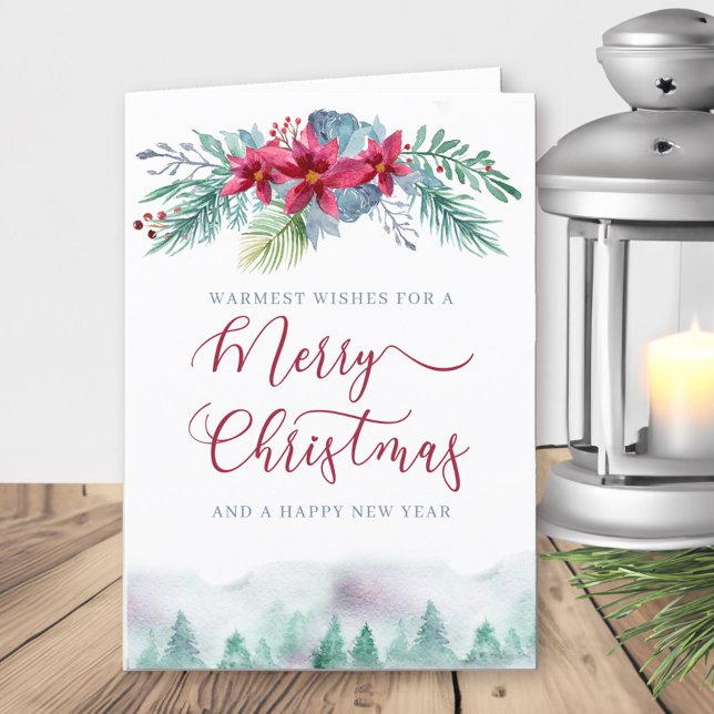Winter Forest and Christmas Poinsettia Garland Holiday Card (Merry Christmas and Happy New Year card with poinsettia and winter forest)