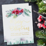 Winter Forest and Poinsettia Watercolor Gold<br><div class="desc">Elegant christmas card with luxury gold foil typography, personalised with your message and name(s). This watercolor design has a forest of fir trees and a floral garland with poinsettias, winter foliage, berries and sprigs of pine. Merry Christmas is hand lettered in swirly calligraphy and your custom text is printed in...</div>