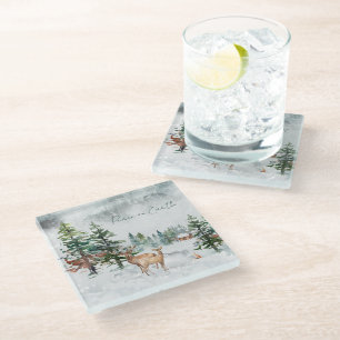 Winter Forest Animals Peace On Earth Christmas Glass Coaster