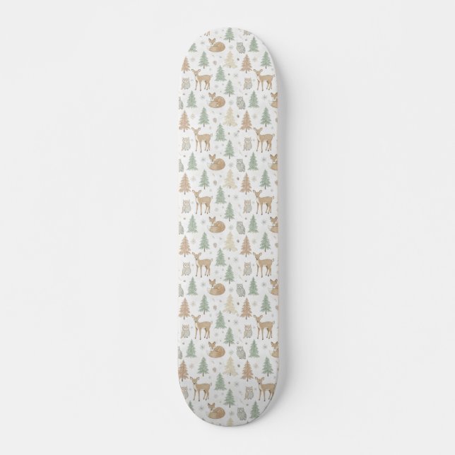 Winter Forest Animals Seamless Pattern Skateboard (Front)