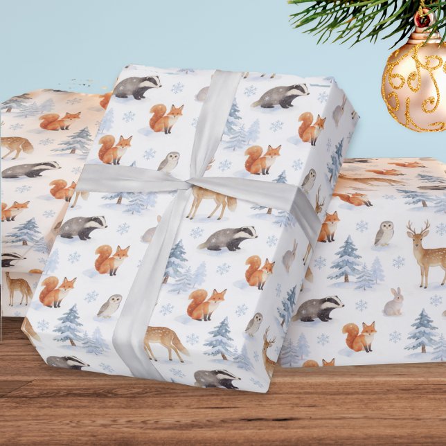 Winter Forest Animals Wildlife Christmas Wrapping Paper (Christmas gift wrapping paper with pattern of winter forest animals in a watercolor style)