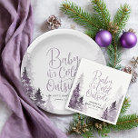 Winter Forest Baby Shower Paper Plate<br><div class="desc">Custom printed baby shower paper plates in a pretty feminine colour palette of muted purples and greys. This sweet design features a forest of watercolor evergreen trees and modern hand lettering style script that says Baby It's Cold Outside - perfect for a rustic winter baby shower theme. Personalise it with...</div>
