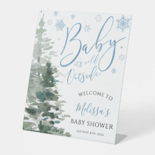 Winter Forest Blue Baby Shower Welcome Pedestal Sign