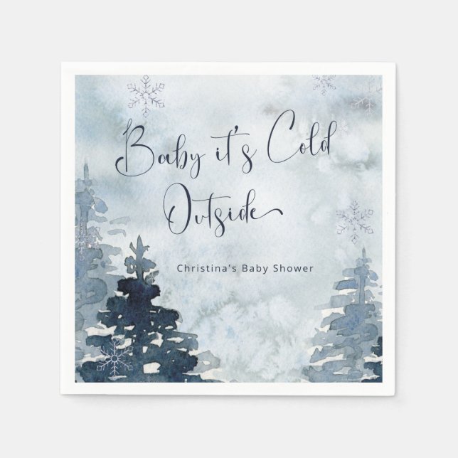 Winter forest blue it's cold outside baby shower napkin (Front)