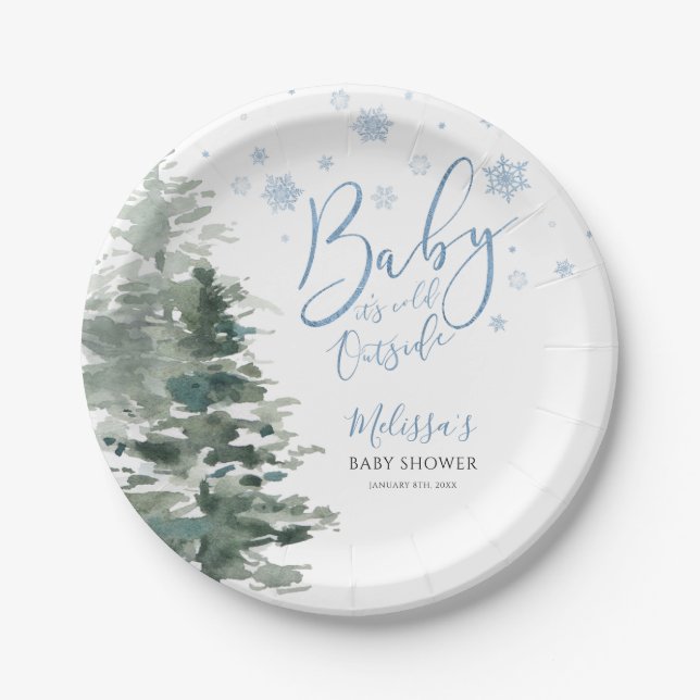 Winter Forest Blue It's Cold Outside Baby Shower Paper Plate (Front)