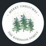 Winter Forest Christmas Classic Round Sticker<br><div class="desc">These awesome stickers for gifts and favours with watercolor pine trees and gold stars and confetti will make wrapping your Christmas gifts just that much easier! They are so easy to just stick on a package! The font is crisp and clean making them look modern yet traditional. It is so...</div>