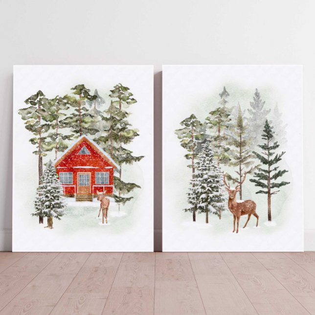 Winter Forest Christmas Village Print Holiday (Winter Forest Christmas Wall Art )