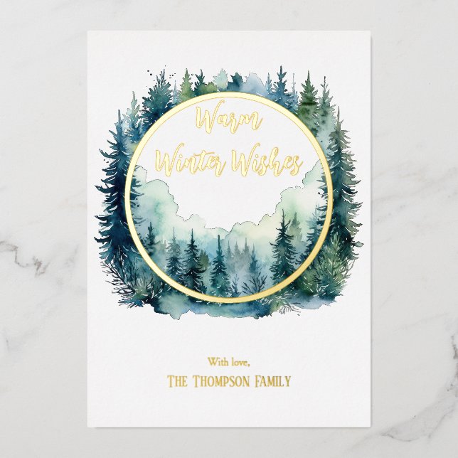 Winter Forest Circle Frame Foil Holiday Card (Front)