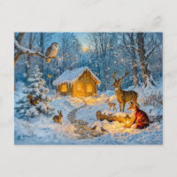 Winter Forest Cottage with Deer, Fox and Owl – Fan