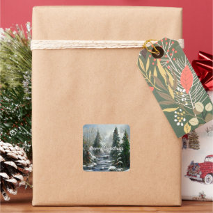 Winter Forest Country River Christmas  Square Sticker