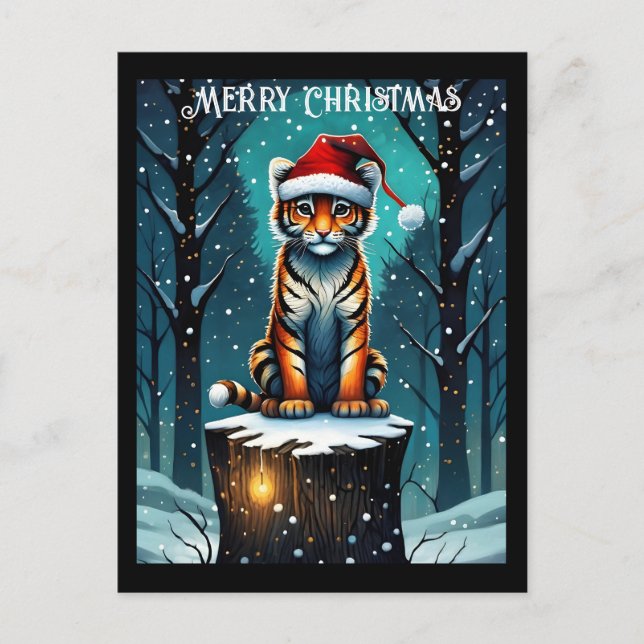 Winter Forest Cute Baby Tiger Santa Christmas Postcard (Front)
