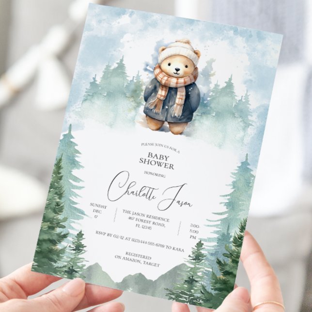 Winter Forest Cute Bear Baby Shower Invitation (Creator Uploaded)