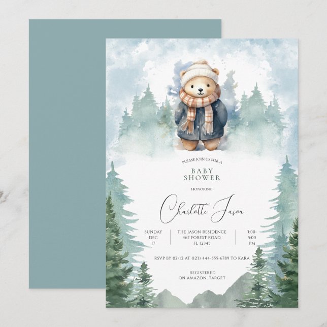 Winter Forest Cute Bear Baby Shower Invitation (Front/Back)
