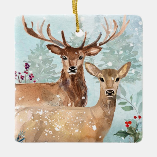 Winter forest, deer, log cabin Ceramic Ornament (Front)
