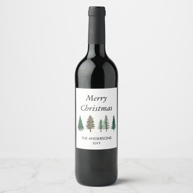Winter Forest Elegant Pine Trees Christmas  Wine Label (Front)