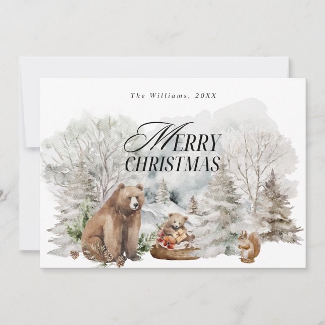 Winter Forest Elegant Watercolor Merry Christmas Holiday Card (Front)