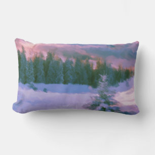 Winter Forest Firs Purple Light Reflected On Snow Lumbar Cushion