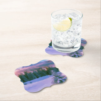 Winter Forest Firs Purple Light Reflected On Snow Paper Coaster