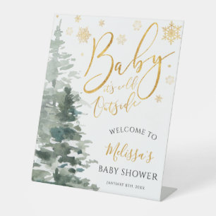 Winter Forest Gold Baby Shower Welcome Pedestal Sign